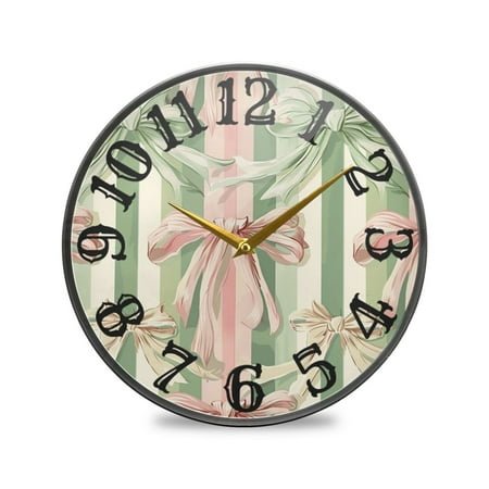 Pink Green Ribbons Stripe Wall Clock 10 Inch Silent Non Ticking Battery Operated Easy to Read for Kitchen Living Room