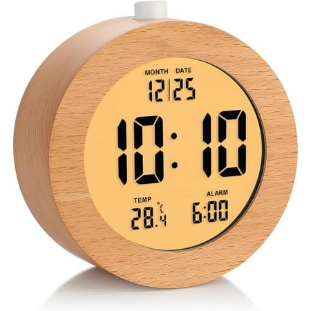Plumeet Wooden Digital Alarm Clock for Bedrooms, Wood 4'' Battery Powered Alarm Clock with Snooze and Nightlight, Electronic LCD Desk Clock Display Time, Date, Temp, 12/24H, Wood Décor, Round, Brown