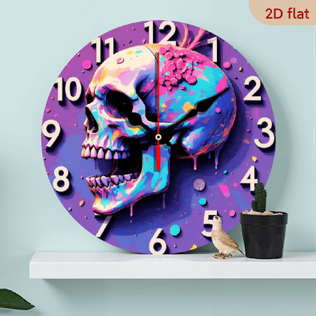 Pop Art Colorful Skull Wall Clock, Vibrant Graffiti-Style Gothic Decor, Unique Purple Background Timepiece with Dripping Paint, Ideal for Edgy Home & Studio Decor
