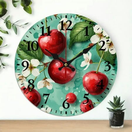 Pratyus Round Wooden Wall Clock with cherries clouds Annabel Kidston Print, Wall Hanging Decor for Living Rooms, Kitchens, Dorms, 10 Inch, Frameless Design 10x10in