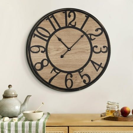 PrimeCook Shop Wall Clock Silent Bronze Rustic Farmhouse Metal & Wood with Arabic Numeral, Battery Operated Wall Clocks Decorative for Living Room Bedroom Office Home Decor 13inch