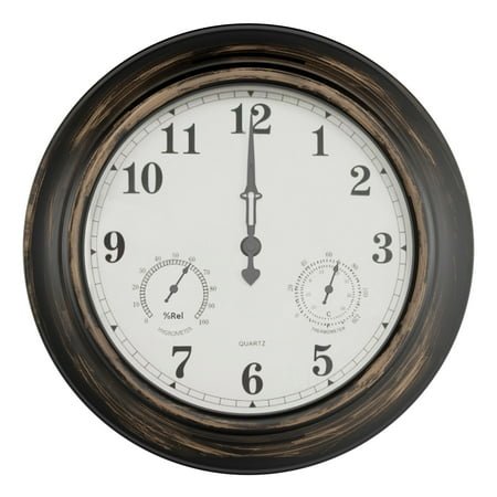 Pure Garden 18in Waterproof Indoor Outdoor Clock Thermometer Combo, Bronze