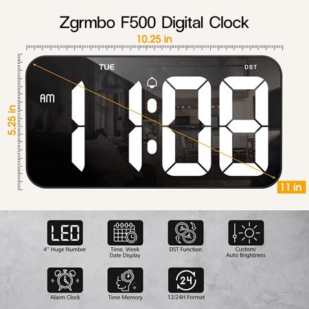 QIHE-11 Digital Wall Clock with 4 Huge Clear Digits - Digital Clock for Wall with Auto-Dimming, Week, Support Standard/Military Time Format, DST - A Clock for Living Room, Classroom