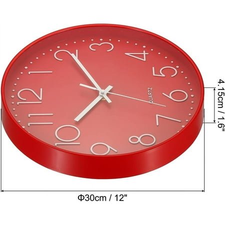 QIHE-12 Inch Wall Clock, Battery Operated Silent Non-Ticking Round Wall Clocks for Office Bedroom Decorative, Red