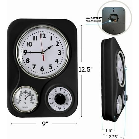 QIHE-- 9.5 Inch x 12.5 Inch - Retro Kitchen Wall Clock, Vintage Wall Clock with a Thermometer and 60-Minute Timer, Ideal for Any Kitchen, Office, or Diner (Black)
