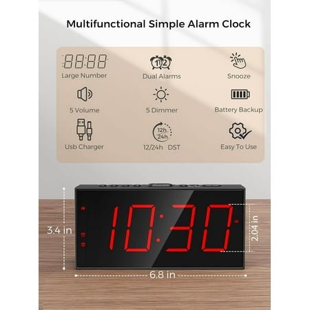 QIHE-Alarm Clock for Bedroom, Large Number Digital Clock with Dimmer for Living Room, Dual Alarms Easy to Read clock for Seniors, Electric Bedside Desk Clock with USB Charger, Digital Red LED Disp