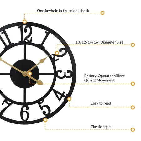 QIHE-Arabic Numeral Wall Clock 12IN Battery Operated Black, Silent Non Ticking, Wall Clocks for Living Room Decor, Small Classic for School, Office, Home, Kitchen, Bedroom