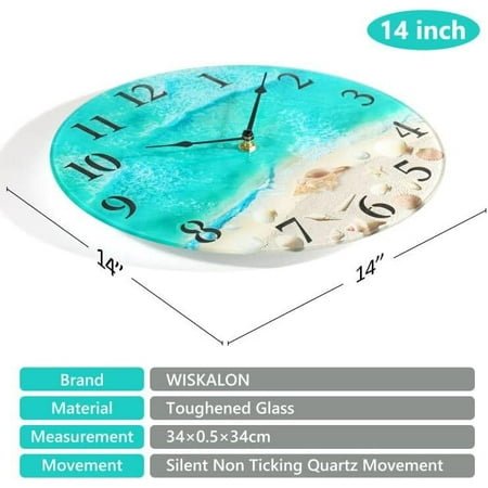QIHE-Coastal Nautical Glass Wall Clock with Seashell Design and Aesthetic Beach Theme - Battery Operated Silent Wall Decor for Home, Kitchen, Living Room, Office, Bedroom, or Bathroom (14 Inch,Tea
