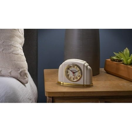 QIHE-Crosley Vintage Art Deco Analog Alarm Clock, Quiet No-Ticking Movement, Automatic Dimmable Smart Light, Simple Controls, (Ivory)