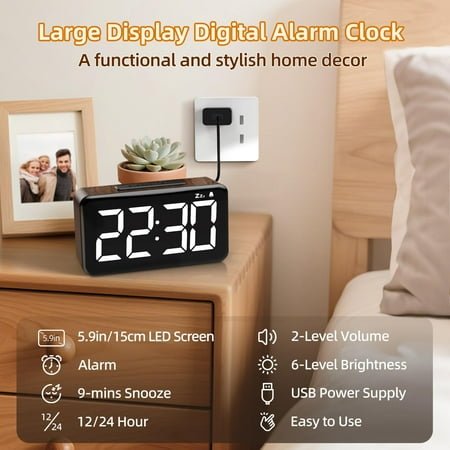 QIHE-Digital Alarm Clock: Wood Grain, 5.9-inch Large LED Display, Easy to Use for Seniors and Men, Adjustable Brightness, Aesthetic Room Decor Desk Clocks for Bedroom | Dorm | Living Room | Office