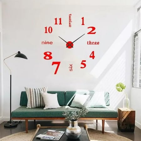 QIHE-DIY Wall Clock Silent Frameless 3D Wall Clocks Battery Operated 23.6 to 35.4 Inch Red Acrylic Modern Wall Clocks for Living Room Kitchen Bedroom Office (L)
