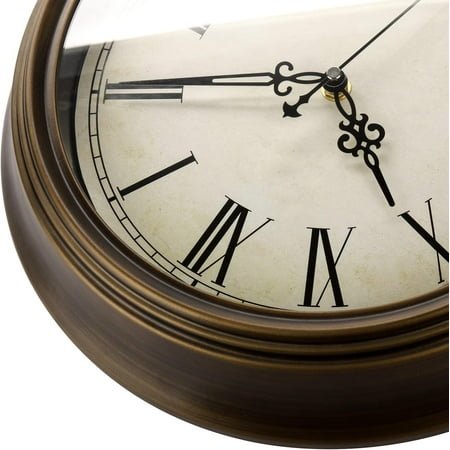 QIHE-Large Metal Wall Clock, 13'' Non Ticking Classic Retro Silent Iron Clocks Decorative Kitchen Living Room Bedroom, Roman Numerals, Battery Operated(Brown)