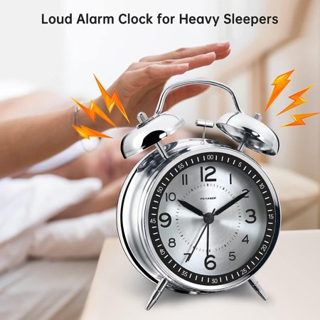 QIHE-Loud Alarm Clock for Heavy Sleepers Adults, Metal 4.5 Twin Bell Battery Operated Alarm Clocks for Bedrooms Decoration (Metal Silver)
