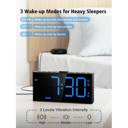 QIHE-Loud Alarm Clock with Bed Shaker,Vibrating Alarm Clock for Heavy Sleepers Hearing-impaired Deaf,2 Alarms 3-level Vibration for Weekday/Everyday Mode,5 Dimmer,5 Volume,Big Number,Power-off Mem