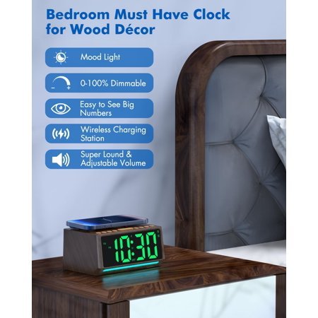 QIHE-Retro Digital Alarm Clocks for Bedrooms with Large Numbers, Desk Clock with Wireless Charging Station, 7 Mood Lights, Dimmer, Snooze, 12/24H, Loud Alarm Clock for Heavy Sleepers Adults, Vinta
