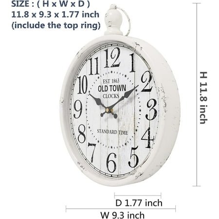 QIHE-Retro Round Wall Clock. White Vintage Antique Style. Battery Operated Silent Wall Clocks for Farmhouse,Bathroom,Kitchen,Bedroom,Office, (11.8 H x 9.3 W)