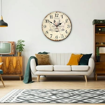 QIHE-Rustic Wall Clock French Country Vintage 14 Inch Battery Operated Silent Non-Ticking Wooden Wall Clocks Retro Arabic Numerals Animal Hen Style (Gourmet Kitchen)