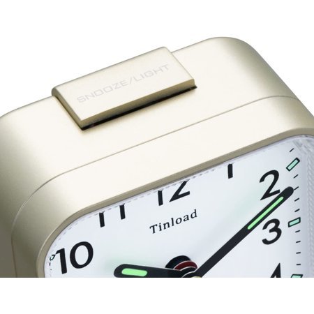 QIHE-Small Battery Operated Analog Travel Alarm Clock Silent Non Ticking,Gentle Wake, Ascending Beep Sounds, Snooze,Lighted on Demand,Easy Set(Gold)