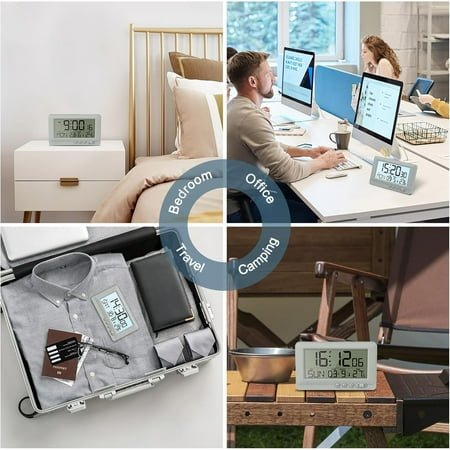 QIHE-Travel Alarm Clock, LCD Display Digital Clock, 5-Second Backlight, 5-Minute Snooze, Low Battery Alert, 2 Alarms, Alarm Clock for Bedroom,Office,Travel, Grey (Batteries Not Included)