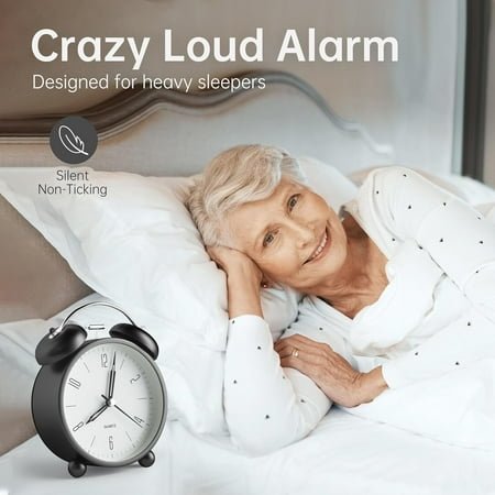 QIHE-Twin Bell Loud Alarm Analog Alarm Clock, 4 inch Super Silent Non Ticking Small Clock with Night Light, Battery Operated, Simple Design, Old Fashioned, for Heavy Sleeper, Bedroom, Bedside, Des