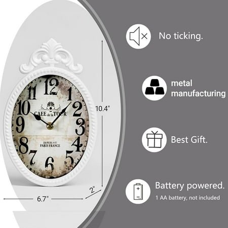QIHE-Vintage White Oval Wall Clock, Shabby Chic Decorative Clock for Living Room, Kitchen, Café, Bedroom u2013 Silent Quartz Movement, Farmhouse Rustic Style