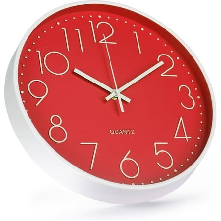 QIHE-Wall Clock 10 Inch Non-Ticking Silent Modern Simple Style Round Decor Clock Red Stereoscopic Dial Quartz Wall Clocks for Home/Office/School/Living Room/Bedroom/Kitchen