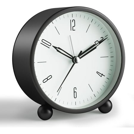 QKURT Analog Alarm Clock, 4inch Super Silent Non Ticking Small Clock with Night Light, Battery Operated, Simple Design for Bedroom Bedside Desk Adult Kid, Black