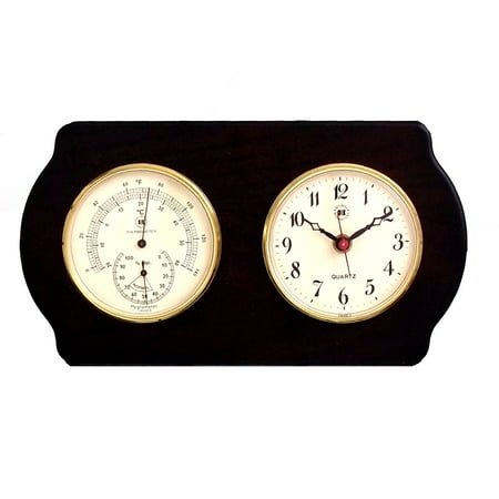 Quartz Clock and Thermometer with Hygrometer on Ash Wood with Brass Bezel. Wall Mounts Vertically or Horizontally.