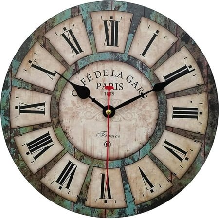 Qukueoy 24 Inch Silent Round Wooden Wall Clock Rustic Country Style, Battery Operated, Vintage Farmhouse Wall Decor for Living Room, Kitchen, Bedroom, Office