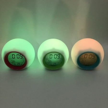 Raindrops Creative Round Perpetual Calendar Colorful Light Alarm Clock Digital Plastic Outer Shell Alarm Clock for Bedrooms Travel (White Shell Green Ring without Battery)