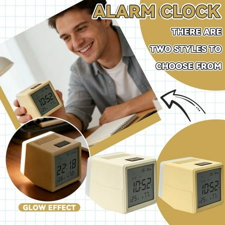 Rechargeable Digital Alarm Clock with Night Light, Smart Flip Control Bedside Clock, Dimmable LCD Screen with Temperature Humidity Date for Kids Bedroom