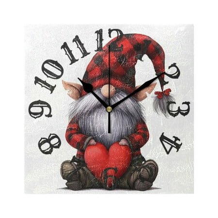 Red Gnome Heart Wall Clock Square Silent Non Ticking Battery Operated Clock for Home Bathroom Kitchen Bedroom Living Room