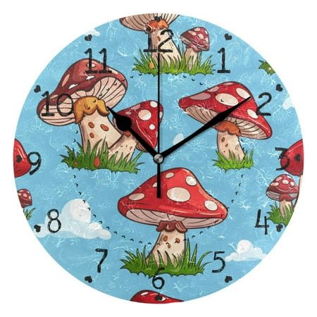 Red Polka-dot Mushrooms Grass Clouds Round Wall Clock Silent Analog Battery Operated Black Pointer Home Decor 9.84 Diameter