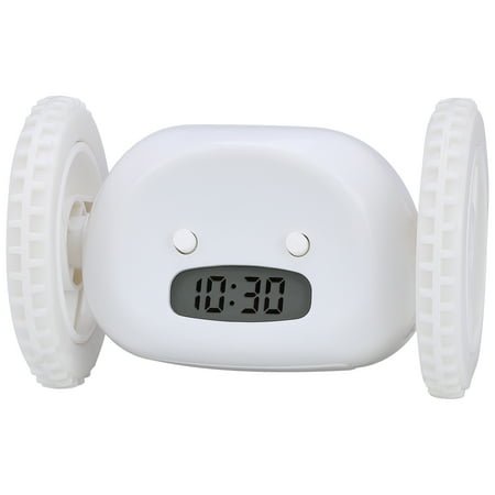 REGALWOVEN Multi-Functional Scrolling Alarm Clock with Wheeled Design for Teens and Heavy Sleepers White 5.3L x 3.5W x 3.5H