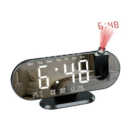 REGALWOVEN Projection Alarm Clocks with Big Numbers Temperature Day of Week Display, Dimmable, 12/24H for Deep Sleepers, Black White