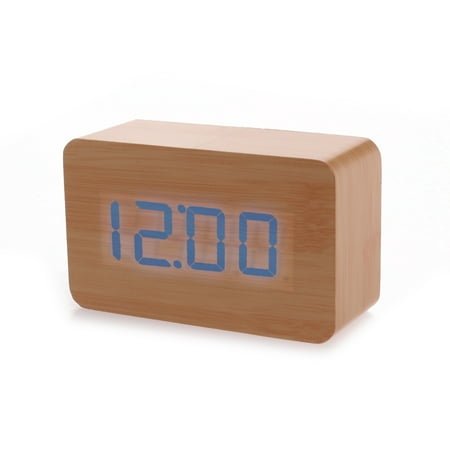 RENACLIPY Digital Desk LED Alarm Clock with Bamboo Wood and Thermometer Blue Light