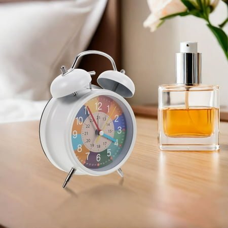 RENACLIPY White Metal Small Desk Alarm Clock Retro Twin Bell Loud Nightlight