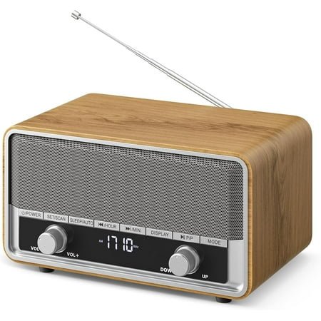 Retro AM FM Radio Plug in Wall, Digital Clock Radio for Bedroom with LCD Display| 40 Presets | Sleep Timer | No Alarm, Retro Bluetooth Speaker for Office,Great Gift Wood