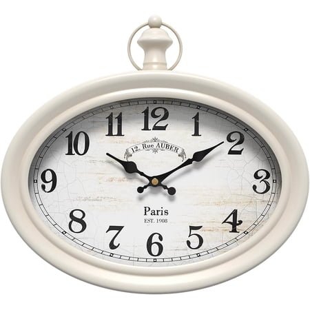 Retro Oval Wall Clock. White Vintage Antique Style. Battery Operated Silent Wall Clocks for Farmhouse, Living Room,Kitchen,Bedroom,Bathroom (10.5 H x 11.3 W)