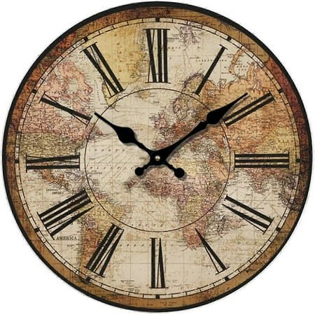 Retro Wall Clock, Vintage World Compass Map Travel Lover Inch Silent Wooden Wall Art Decor Analog Battery Operated Non-Ticking Bedroom Living Room Kit