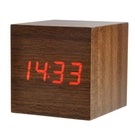 ROSENICE 1 Set 008-4 Mini Cube Shaped Voice Activated Red Led Wooden Alarm Clock with Date Temperature for Bedroom Furniture