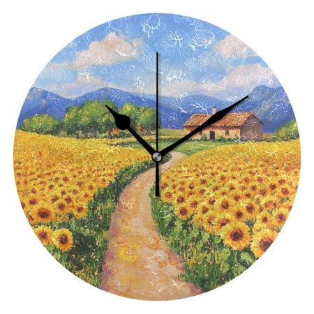 Round Art Wall Clock - Decorative Creative Dual-Use Clock with Oil Painting Design, Hanging or Tabletop (Black/Gold Hands)，Sunflowers