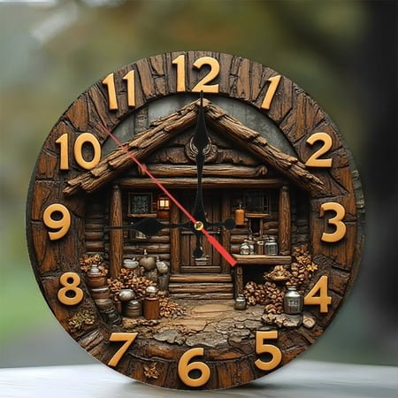 Rustic Cabin Wooden Wall Clock Home Decor 10-Inch Silent Wooden Wall Clock, Battery Operated (AA Batteries Not Included), Artistic Home Decor