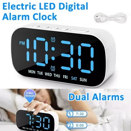 Ryhampaper Digital Electric Alarm Clock LED Large Display Backup Snooze Dual Alarm Battery 24-Hour Display White