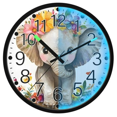 Ryvnso Cute Elephant 12 Inch Night Light Wall Clock Silent Battery Operated Luminous Clocks
