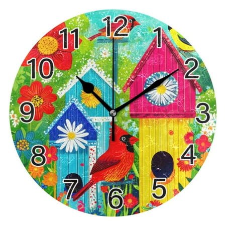 Ryvnso Flowers Birdhouses Cardinal Wall Clock Non Ticking Silent Kitchen Clock Battery Operated Clocks 10 inch