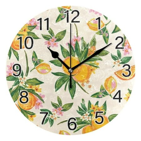 Ryvnso Lemon with Floral Spring Wall Clock Non Ticking Silent Kitchen Clock Battery Operated Clocks 10 inch