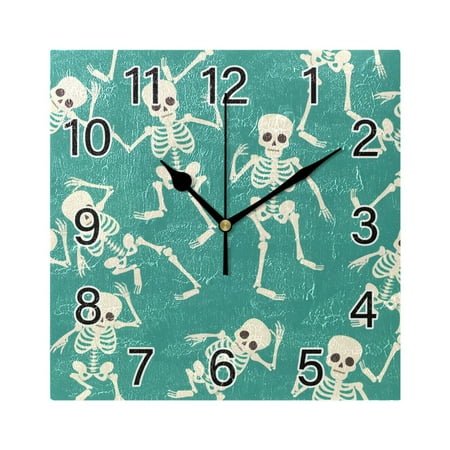 Ryvnso Skeleton Dancing Skull Wall Clock Square Silent Non-Ticking Battery Operated 7.78