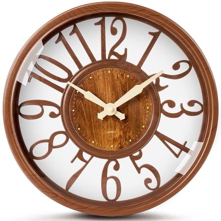 SANMADROLA Wall Clocks Battery Operated 12 Inch Silent Non Ticking Vintage Faux Wood Grain Cutout Decorative Clock for Home Decor Living Room Garden Farmhouse Office Kitchen Decoration