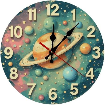Saturn Planet Space Galaxy Wall Clock Silent Wooden Frameless Round 10-Inch Quartz Movement Wall Mount Decor